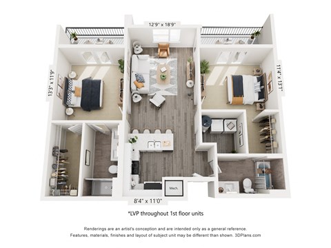 Floor plan for 2 beds, 2 baths, 1100 sqft